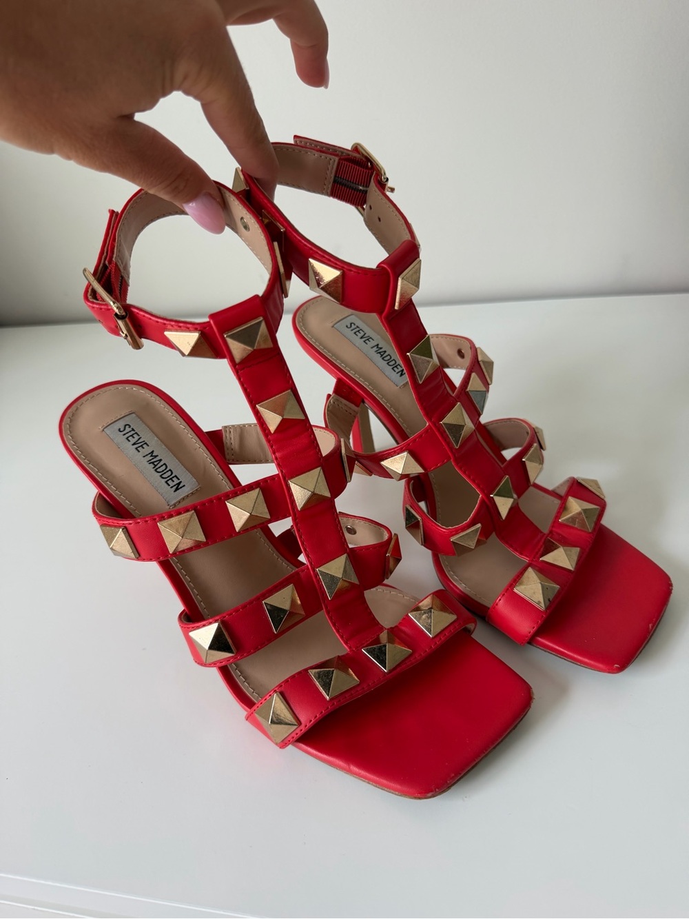 Steve Madden Red Pyramid-Stud Gladiator Heels